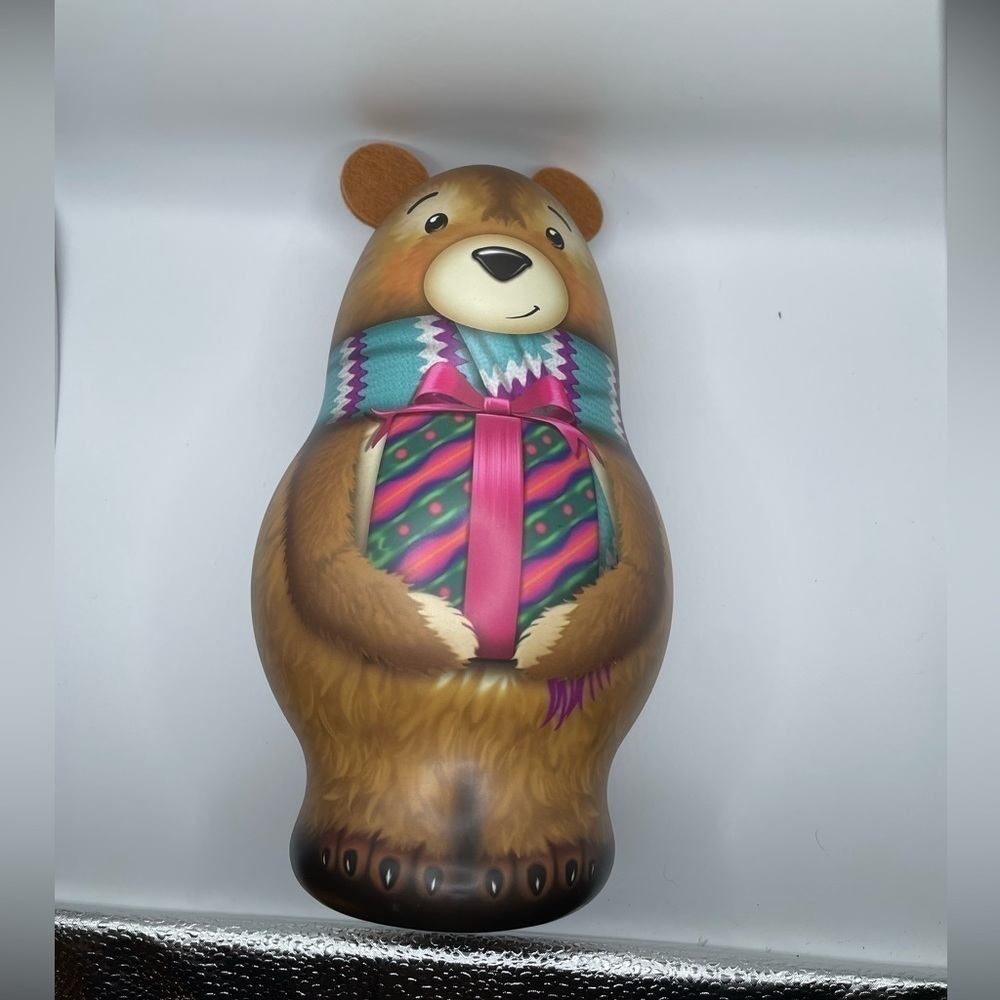 Teddy Bear Tin/Box, Holding a Present, Gold Interior, Felt Ears - Picture 5 of 7